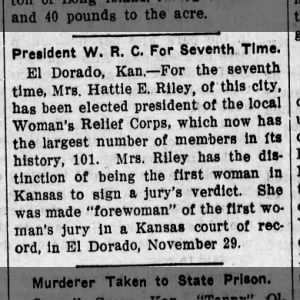 Hattie Riley of El Dorado was made "forewman" of the first woman's jury in Kansas