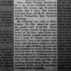Obit Isaac Closson, The Eagle, 21 Sep 1889, Sat. Pg3