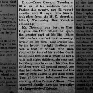 Obit Isaac Closson, The Eagle, 17 Sep 1889, pg 3