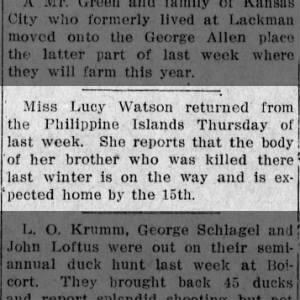 1913 05 14 Lenexa News p1 Lucy Watson