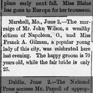 The Daily Eli (EL Dorado, Kansas) Wed, Jun 3, 1891 - John Wilson / Miss Franck A. Gilman