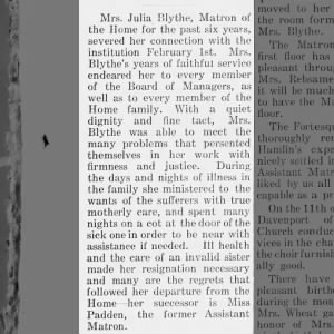 Julia Hill Blythe Resigns as Matron of the Wm. Small Memorial Home