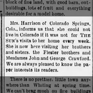 1897 04 30 Mrs Harrison visiting brother Crawford and Fiesterss