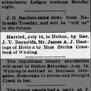 1897 07 23 James AJ Hastings and Bertha Crawford  married