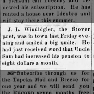 Windbigler, JL; Stover poet; Uncle Sam increased $8