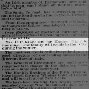 Mrs. E.P. Kinne (and family) left for Kansas City - for the winter.