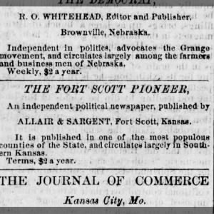 1874 The Fort Scott Pioneer independent political paper by Allair & Sargent, Fort Scott