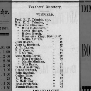 Teachers' Directory Winfield 1870 Mina C.
