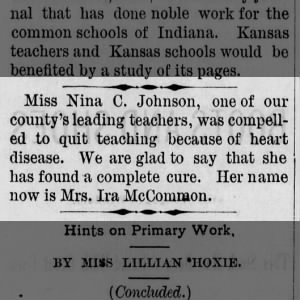 Mina (Nina) Johnson quits teaching.