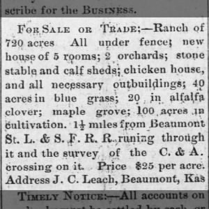 JC Leach selling ranch before move to FL 1887