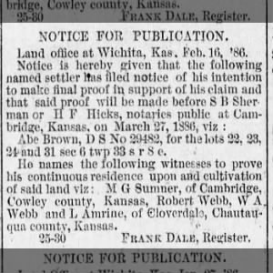 Abraham "Abe" Brown Files A Land Claim in Kansas - 2/16/1886