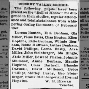 "Cherry Valley School" Roll of Honor