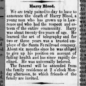 Death notice of Harry Blood