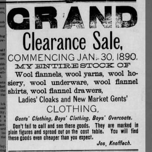 1/1890 Joseph Knoffloch store ad clearance 