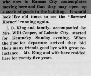 J O King and family move to Kentucky
