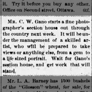 C W Ganoo opens photo section house - Aug 30, 1879