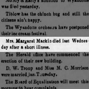KS 1881 Mrs. Margaret Mackin death (1828-1881)