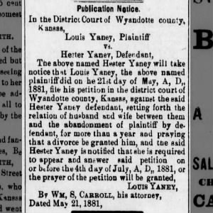 Louis Yaney sued Hester Yaney for Divorse? 1881