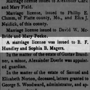 Sophia B, Magers marriage licence to B. F. Hundley