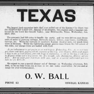 The Democrat Clay Center, Kansas · Friday, February 14, 1913 Texas Land Excursion