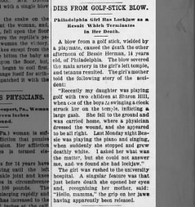 Bessie Herman Killed by Stick Van Peyma's Paper
Kansas City, KS 1903 09 10