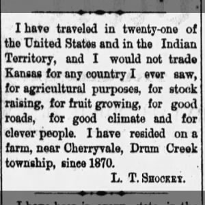 Says he has lived in Drum Creek township since 1870