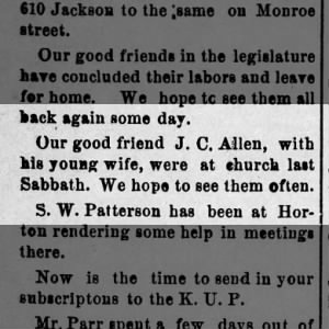 James C Allen & new wife Ida Short at church.  The Kansas United Presbyterian, Topeka, KS 1 Mar 1889