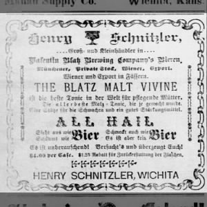 Henry Schnitzler advertisement, in German, Wichita Herold, 1907