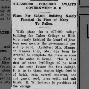 Hillsboro College Awaits Government O. K., Construction News of Kansas, 19 October 1918