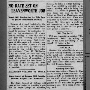Hillsboro College Up Today, Construction News of Kansas, 16 November 1918