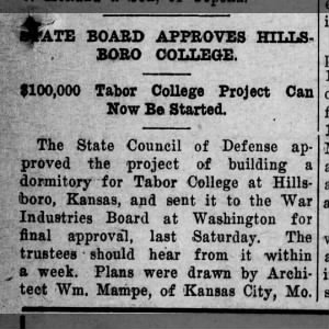 State Board Approves Hillsboro College, Construction News of Kansas, 23 November 1918