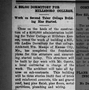 A $25,000 Dormitory for Hillsboro College, Construction News of Kansas, 01 March 1919