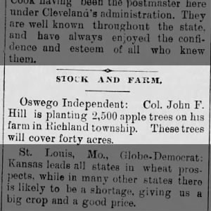 24 Apr 1890 Topeka Farm Record--40 acres
Col JFC 2500 apple trees in Richland--mine or not