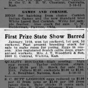 State Fair Prize for Mrs JT Woodford & Son (Wichita Eagle 09/02/1910. p 7)