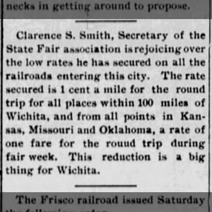 1896-Jul-22 Clarence Smith - secretary of State Fair Association - low railroad rates secured - KS