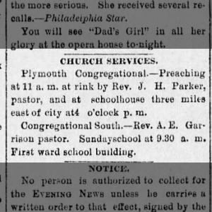 19 Dec 1885, 2 Congl churches, Parker and Rev A.E. Garrison, 'South'