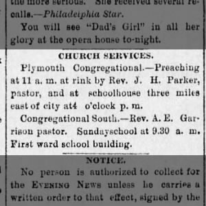 19 Dec 1885, W Evening News, Parker & Rev A.E. Garrison, 2 churches