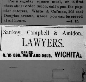 Ad for new firm of Sankey, Campbell, & Amidon at same building 129 E Douglas