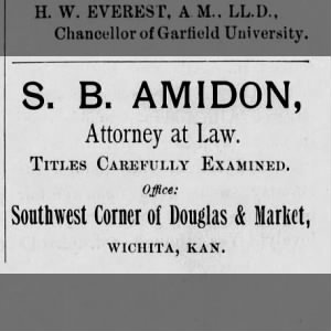 First advertisement for Amidon's legal practice, office at SW corner of Douglas & Market