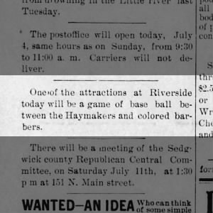 Baseball game at Riverside Park on July 4: Haymakers vs "colored barbers" (Rattlers?)