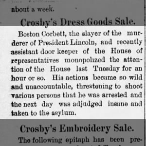 Boston Corbett taken to asylum
