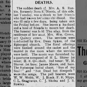 Nora E Norris Rankin, sudden death, 1899