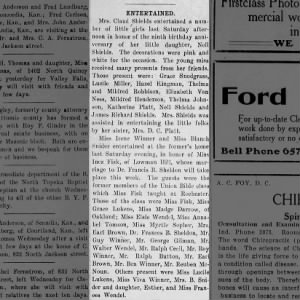 Birthday party for Ganell Shields, North Topeka Pointer, Nov 11, 1910