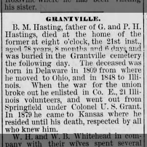 B. M. Hasting death notice 1888