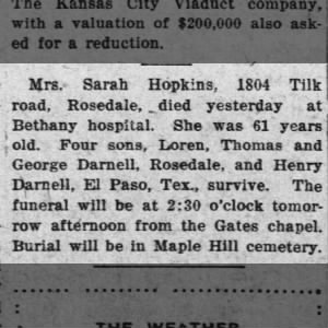 Obituary for Sarah Hopkins