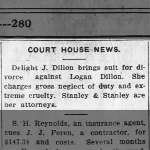 Delight J Dillon vs Logan Dillon Divorce Suit 1914