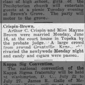Arthur and Mayme Brown Crispin Marriage Announcement, 1919 Jun 24, Lawrence Daily Journal-World, P 5