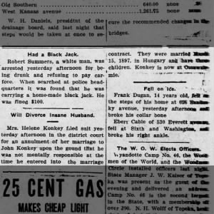 Kansas City Daily Gazette (KCKS)
14 January 1909
Helen Konkey Will Divorce Insane Husband