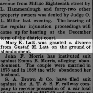 Mary K. Latt granted a divorce on grounds of abandonment.