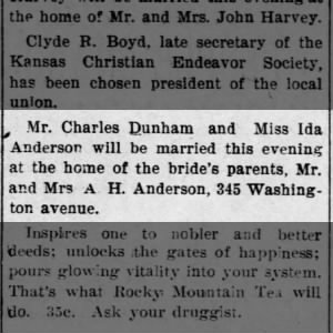 Mr. Charles Dunham and Miss Ida Anderson will be married